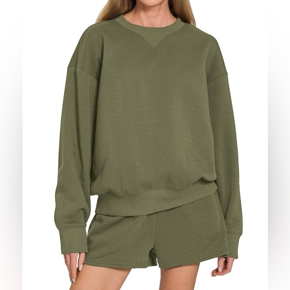 NWT Zenana Fleece Matching Long Sleeve Sweatshirt Shorts Lounge Set Olive Green - Picture 1 of 3